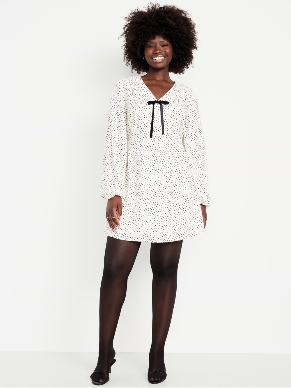 Old Navy Cream Polka Dot Long-Sleeve Dress with Black Tie